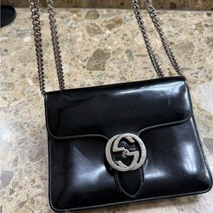 Authentic Gucci Double G Black Patent Leather Shoulder Bag